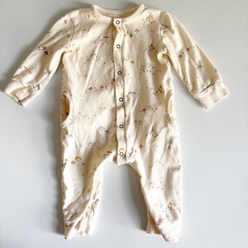 Pehr Baby Mini Mushroom Print Organic Cotton Placket Romper Woodland Cream 6-12M